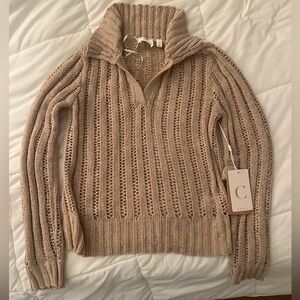 Cyrus Open Knit Oatmeal Combo Collared V Neck Pullover Sweater